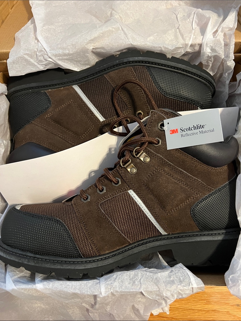 Men's Brahma Brown Work Boots with 3M Reflective Strip, Steel Toe- NWT